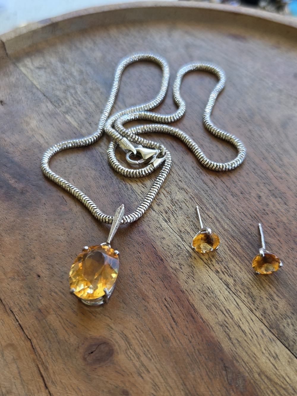 Sterling Silver Citrine Pendant Necklace and Stud Earrings Set